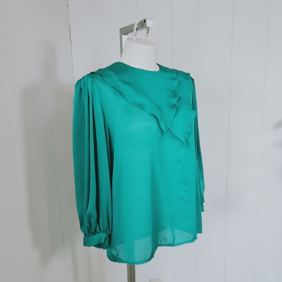 Vintage 70s Dressy Sheer Green Blouse Business Office Party Academia Preppy - Picture 2 of 13